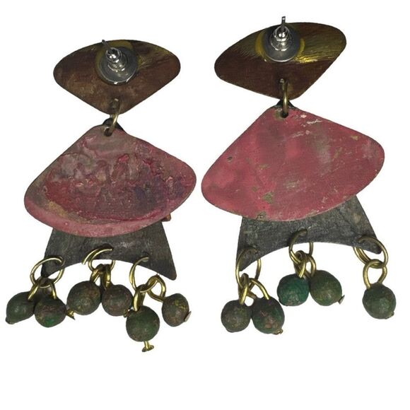 Earrings – Vintage 1980s Hand-Painted Abstract Dangle Studs - Picture 2 of 3